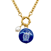 Ocean Sea Turtle Pearl & Royal Blue Medallion Pendant Necklace