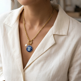 Ocean Sea Turtle Pearl & Royal Blue Medallion Pendant Necklace