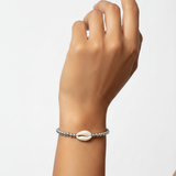 Silver-Tone High-Shine Beaded Bracelet with Natural Cowrie Shell