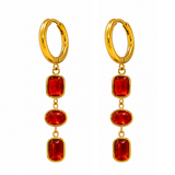Elegant 18K Gold-Plated Drop Earrings with Triple Cushion-Cut Ruby Red Stones