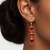 Elegant 18K Gold-Plated Drop Earrings with Triple Cushion-Cut Ruby Red Stones