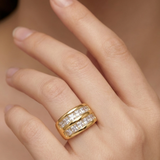 Double Row Princess Cut Cubic Zirconia Wide Band Ring in 18K Gold Finish