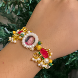 Guru Ji Divine Grace Pearl Bracelet with Enameled Pink Lotus Motifs