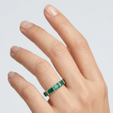 Emerald Cut Green Crystal Eternity Band in Sterling Silver Finish
