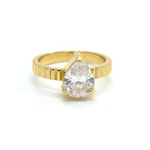 Pear-Cut Cubic Zirconia Gold-Tone Ribbed Band Solitaire Ring