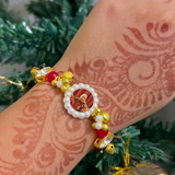 Divine Radiance: Traditional Red & Gold Devotional Bracelet with Pearl Frame