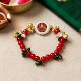 Divine Radiance: Traditional Red & Gold Devotional Bracelet with Pearl Frame