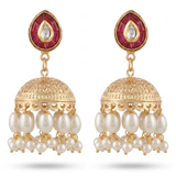 Traditional Gold-Plated Ruby & Pearl Jhumka Earrings