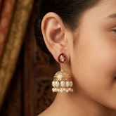 Traditional Gold-Plated Ruby & Pearl Jhumka Earrings