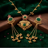 Royal Heritage 18k Gold Plated Pendant Necklace and Jhumka Drop Earring Set with Green Stones