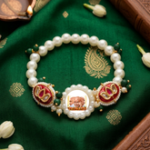 Guru Ji Sacred Blessings Pearl Bracelet with Royal Red Meenakari Lotus Sidebands