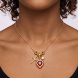Gold Plated Ruby Red Heart Charm Pendant Necklace with Cross and Solitaire Accents