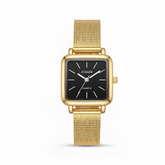 Minimalist Women's Square Gold Watch | Sleek Black Dial with Golden Line Markers & Mesh Strap