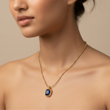 Cushion-Cut Sapphire Blue Crystal Pendant with Gold-Tone Ball Chain