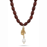 Anti-Tarnish Gold Hand Charm & Baroque Pearl Wooden Bead Necklace