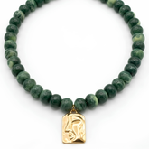Anti-Tarnish Sculpted Face Gold Pendant & Green Marble Bead Necklace