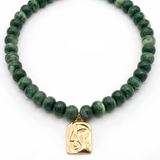 Anti-Tarnish Sculpted Face Gold Pendant & Green Marble Bead Necklace