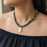 Anti-Tarnish Sculpted Face Gold Pendant & Green Marble Bead Necklace