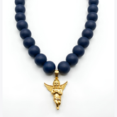 Anti-Tarnish Sculpted Cherub Angel Gold Pendant & Matte Navy Bead Necklace