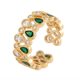 Emerald & Clear Teardrop Mosaic Gold Adjustable Ring