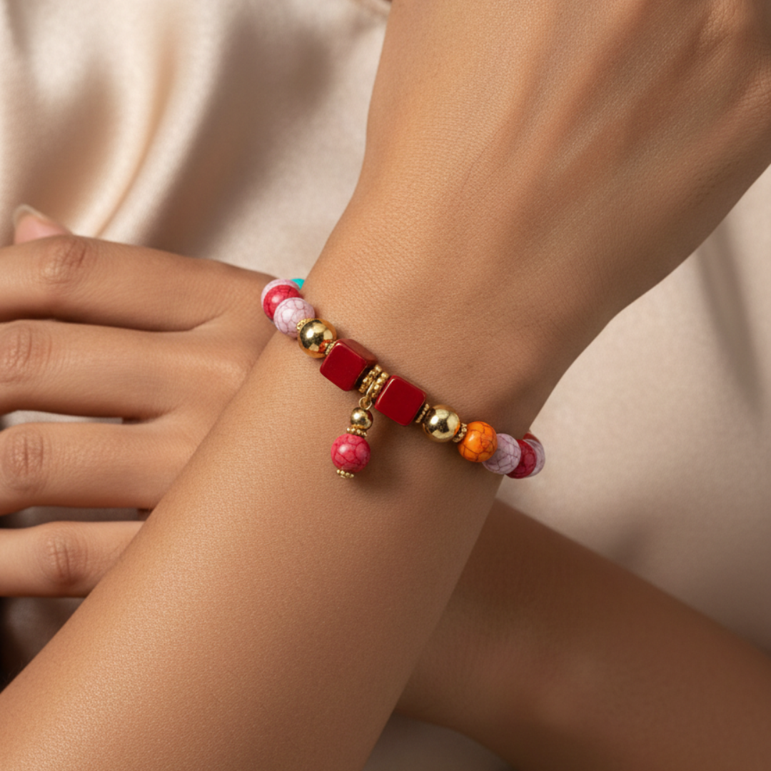 Vibrant Sunset Beaded Charm Bracelet with Gold-Tone Accents