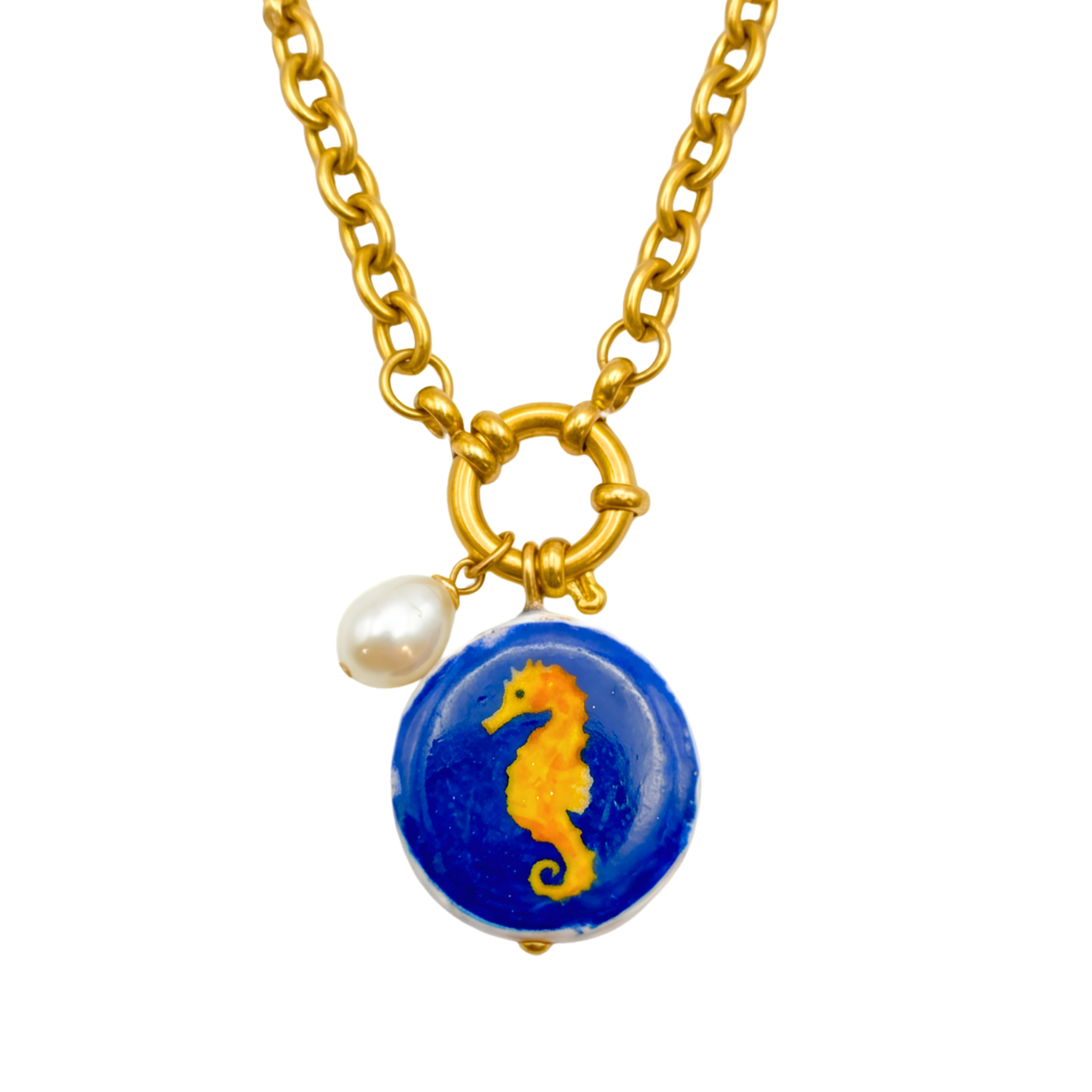 Ocean Charm Golden Seahorse & Pearl Pendant Necklace