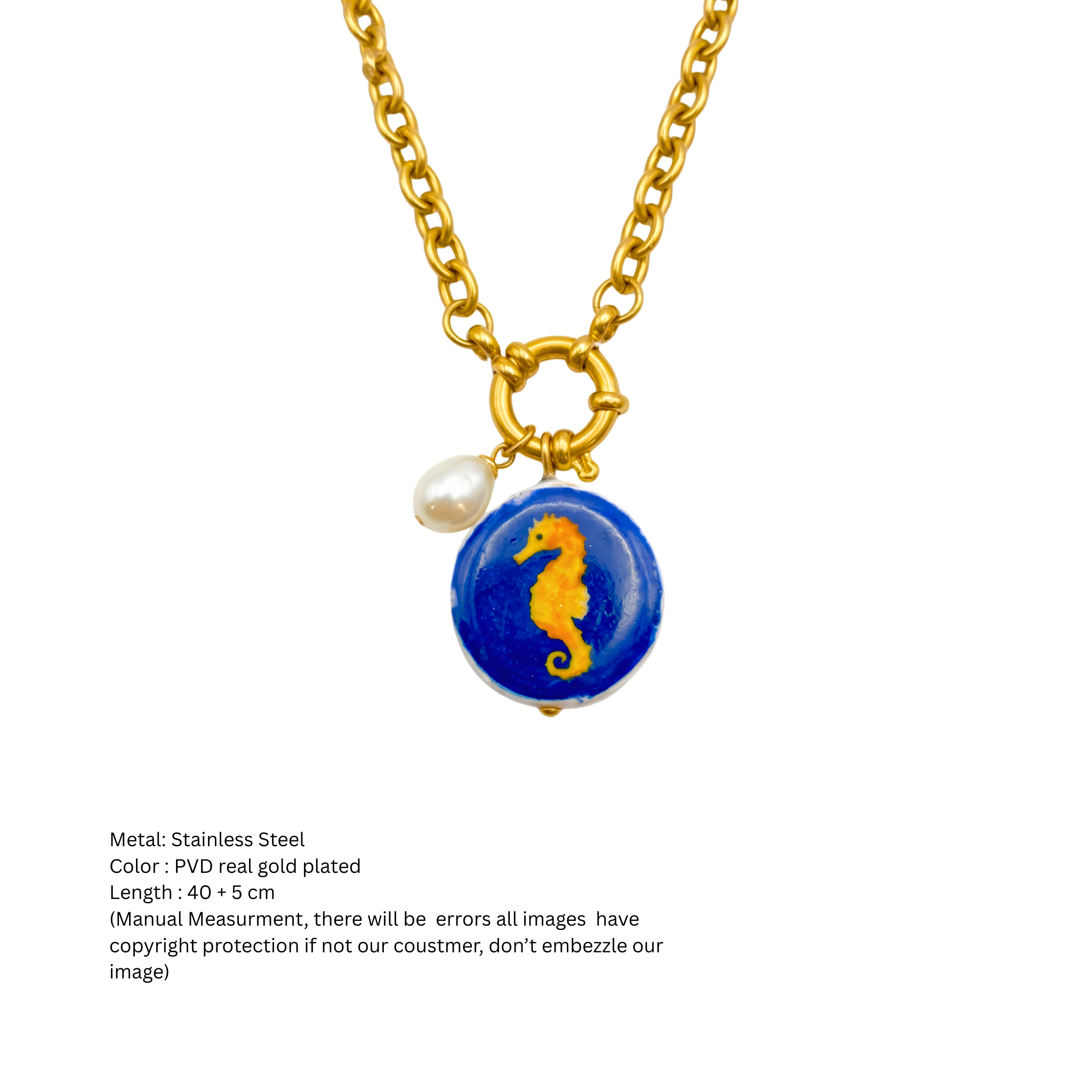 Ocean Charm Golden Seahorse & Pearl Pendant Necklace