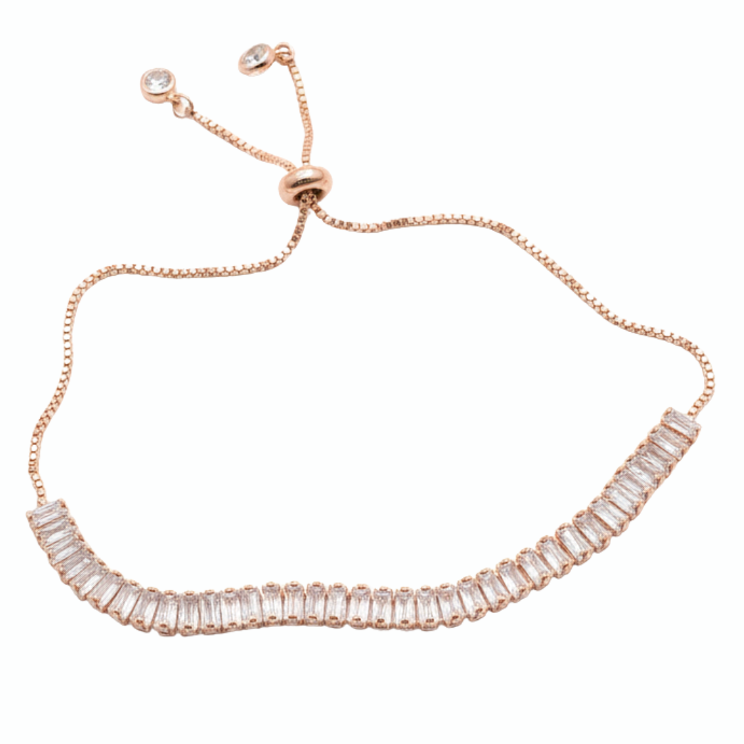Rose Gold Baguette Cubic Zirconia Adjustable Bolo Bracelet