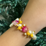 Guru Ji Divine Swaroop Pearl Bracelet with Vibrant Pink Crackle Beads