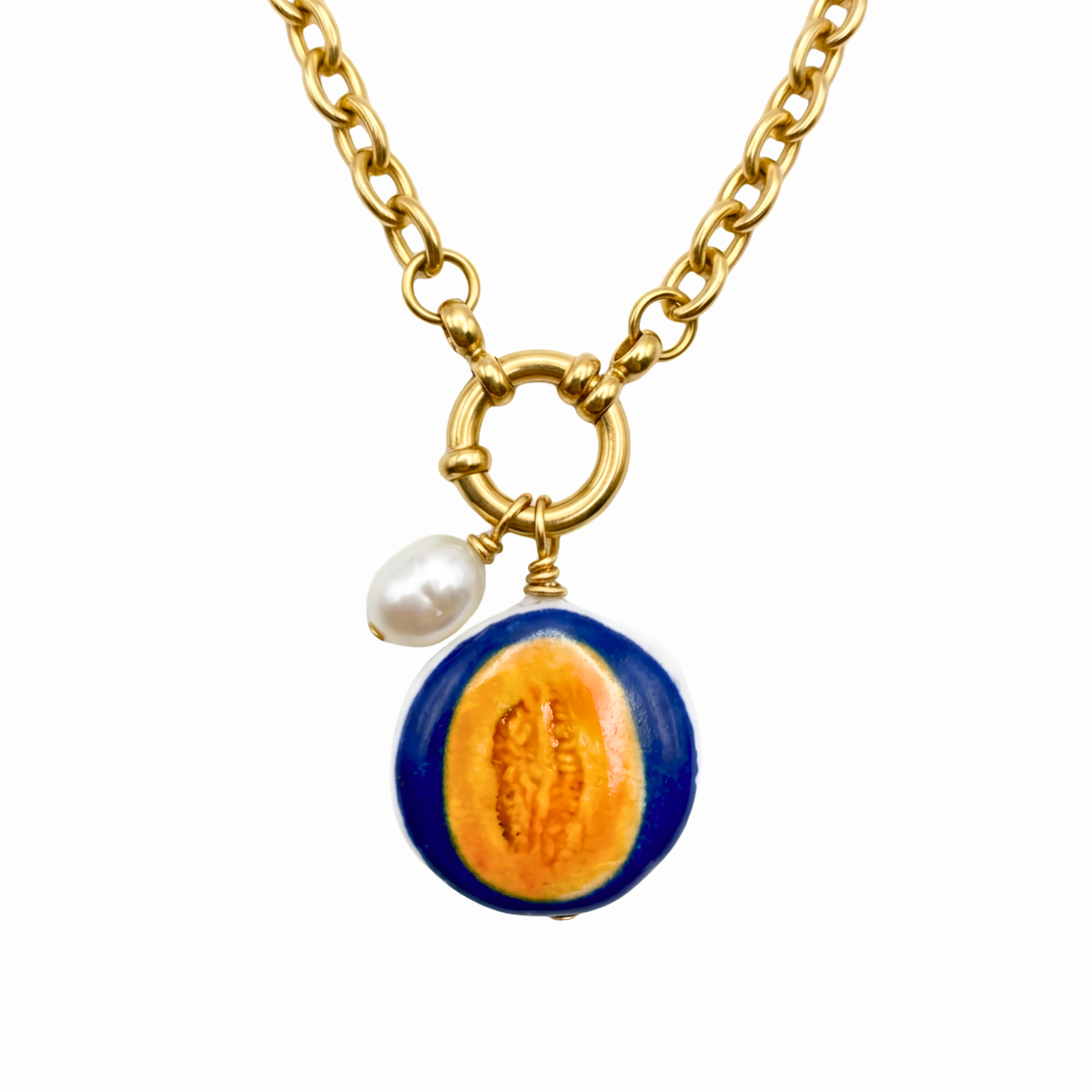 Tropical Papaya Charm & Freshwater Pearl Gold Chain Necklace