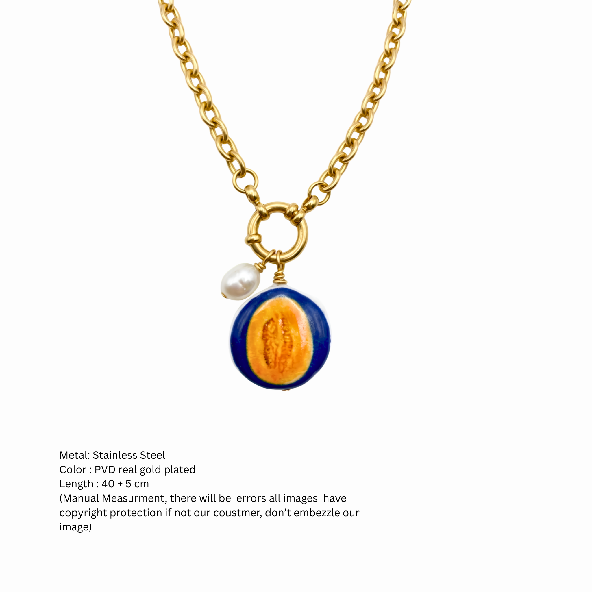 Tropical Papaya Charm & Freshwater Pearl Gold Chain Necklace