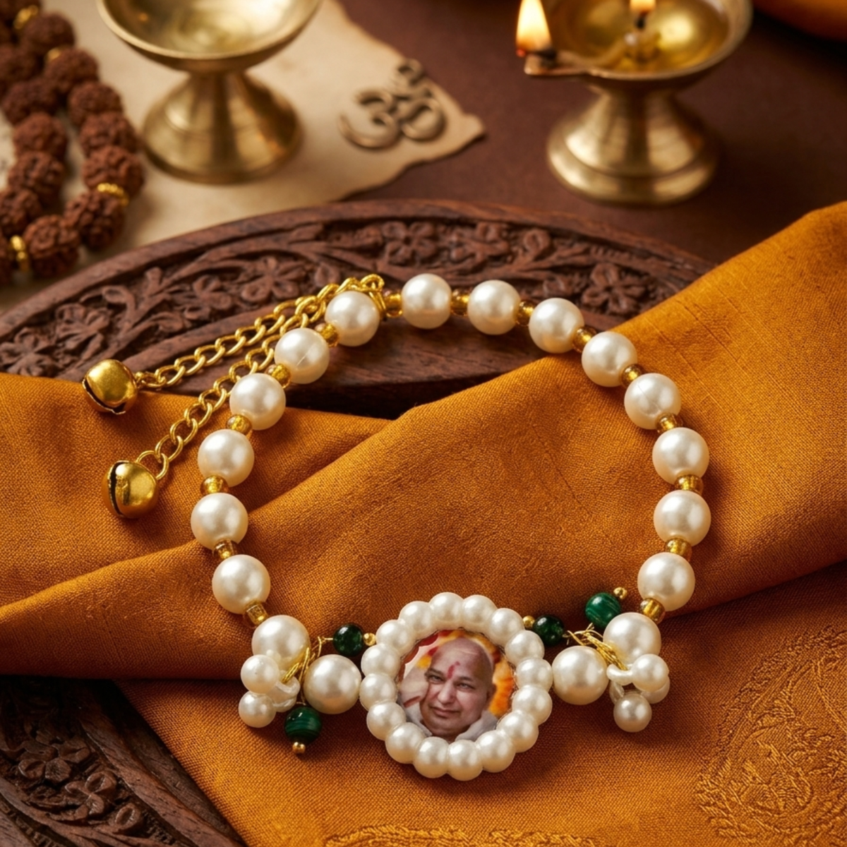Sacred Guruji "Blessings of Love" Pearl & Gold Charm Bracelet | Devotional Jewelry with Ghungroo Accents