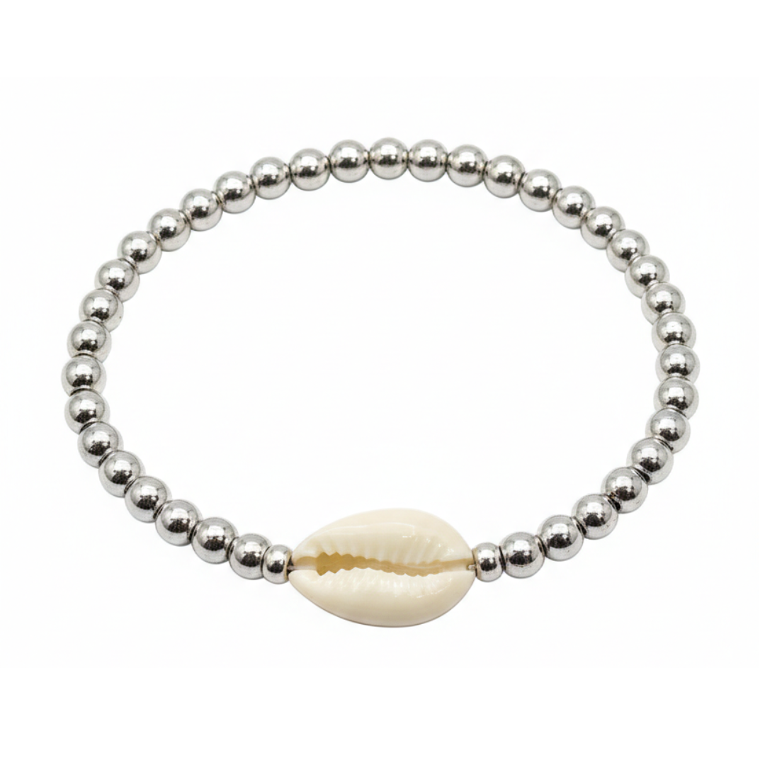 Silver-Tone High-Shine Beaded Bracelet with Natural Cowrie Shell
