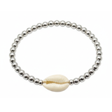 Silver-Tone High-Shine Beaded Bracelet with Natural Cowrie Shell