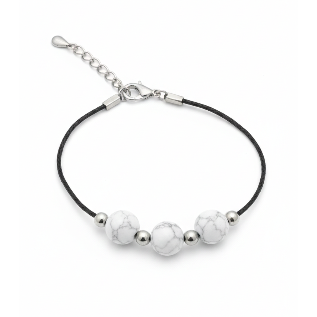 White Marble-Style Howlite Bead Black Cord Bracelet