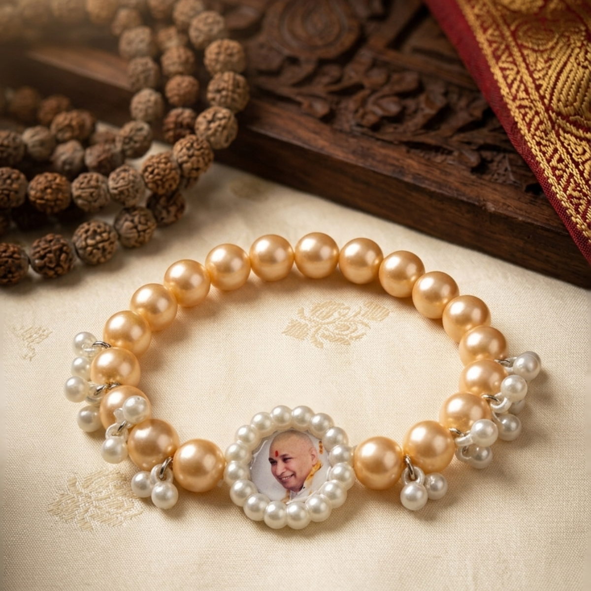 Sacred Guruji "Eternal Grace" Golden Pearl Devotional Bracelet | Spiritual Protection Jewelry