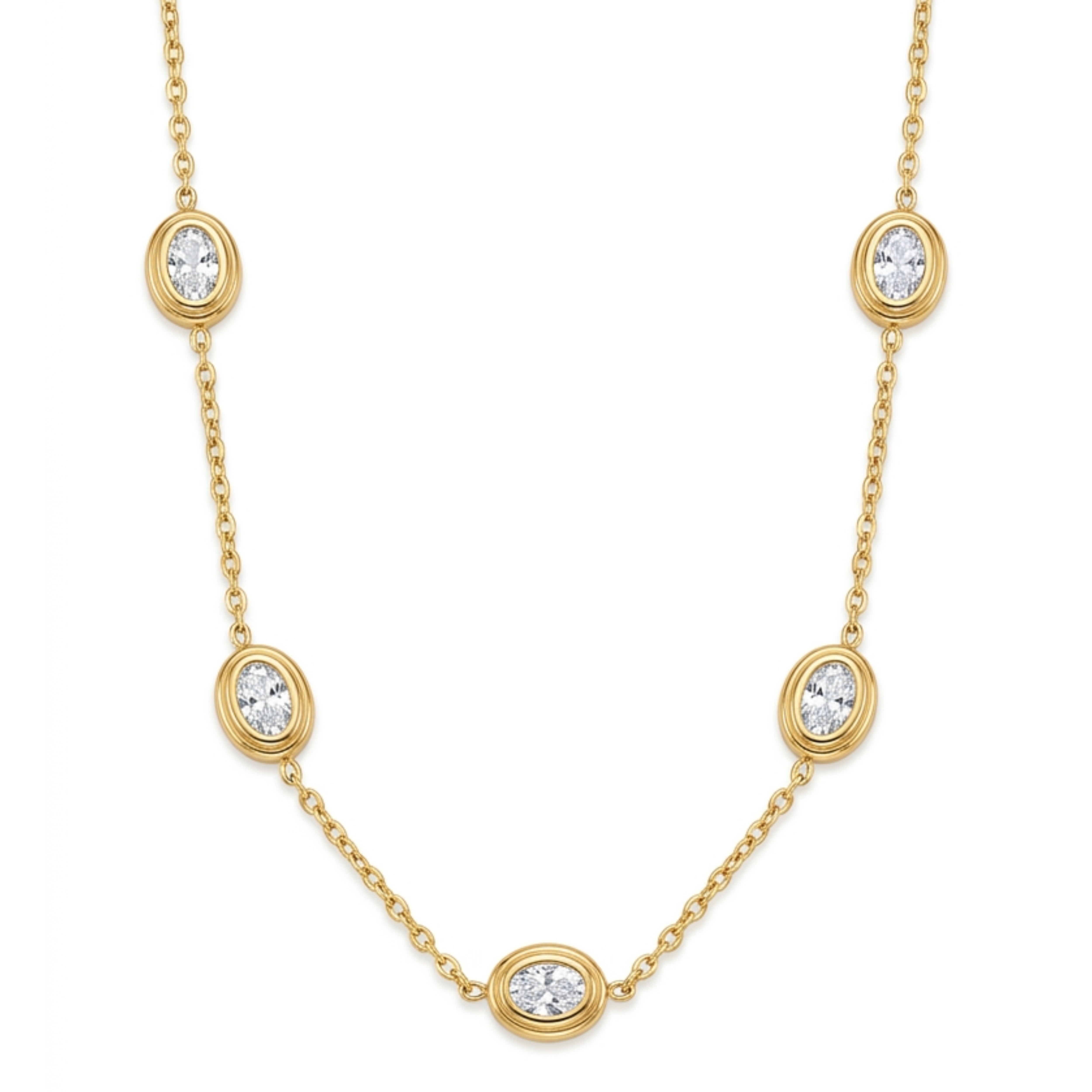 14K Gold Plated Oval Bezel-Set Diamond Station Necklace