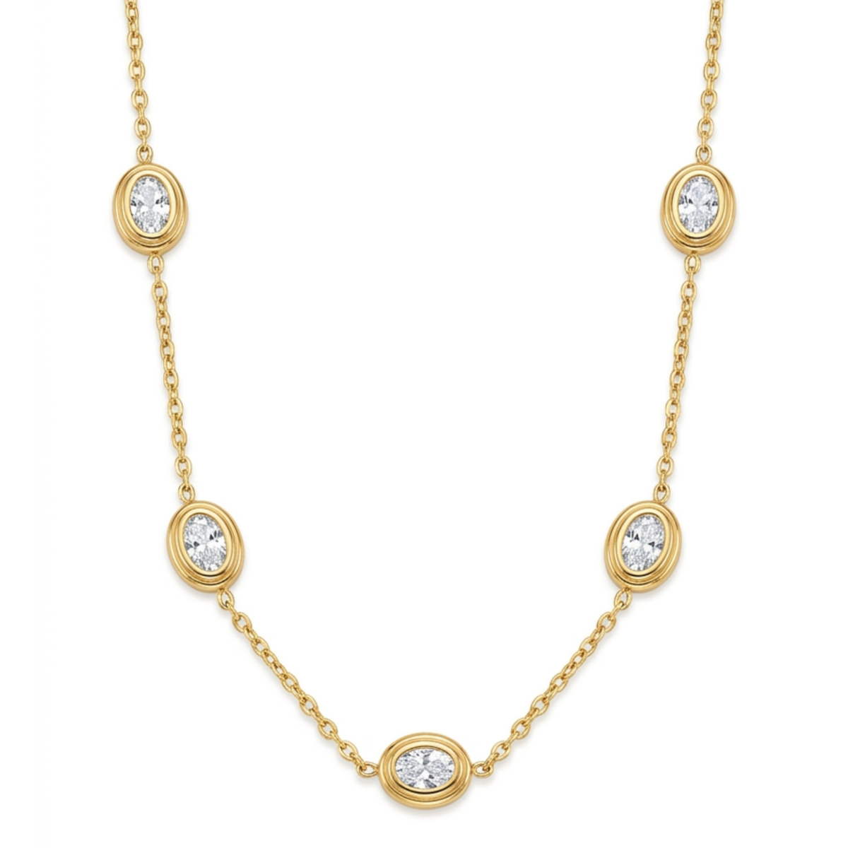 14K Gold Plated Oval Bezel-Set Diamond Station Necklace