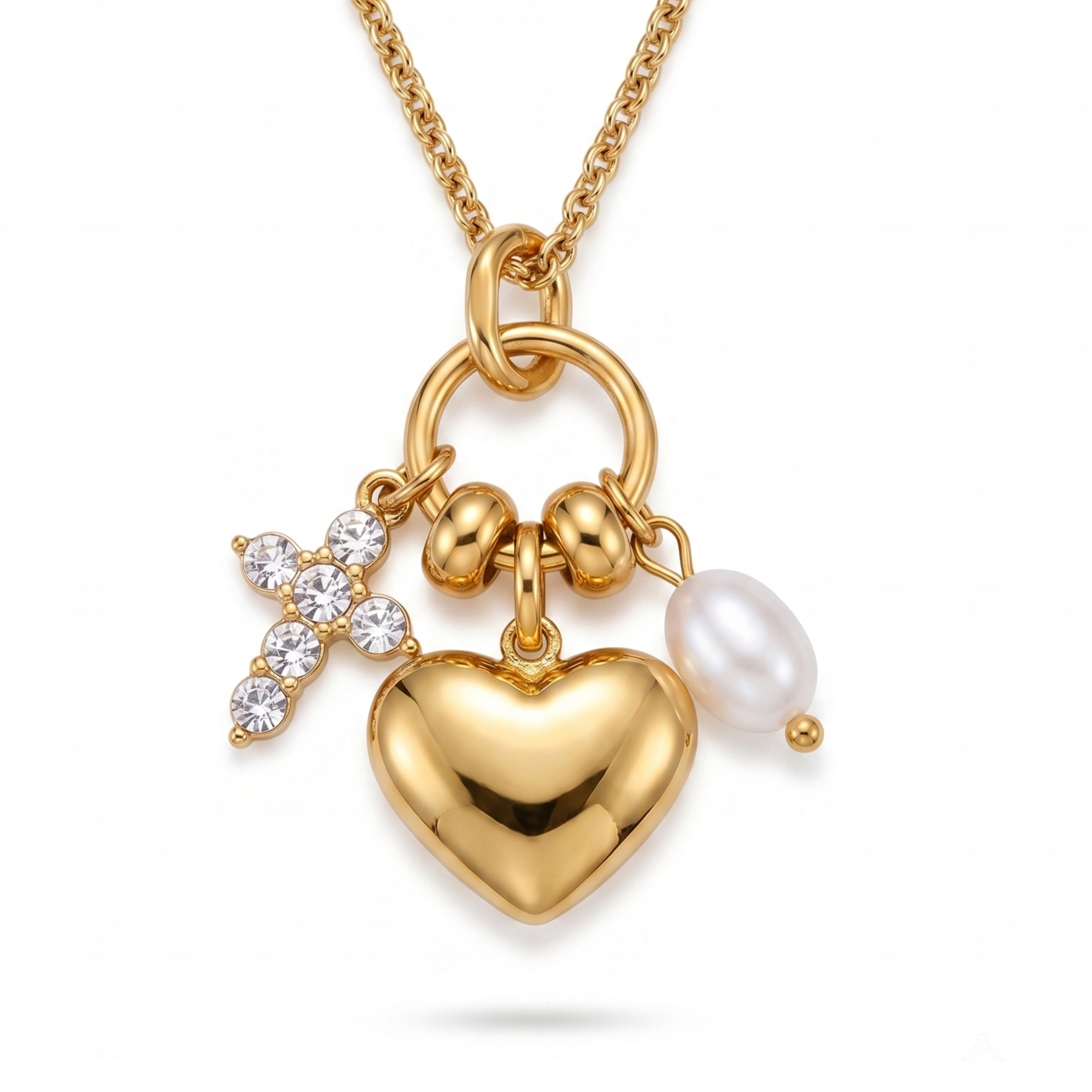 18K Gold Plated Heart Charm Necklace with Crystal Cross & Baroque Pearl Accent