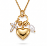 18K Gold Plated Heart Charm Necklace with Crystal Cross & Baroque Pearl Accent