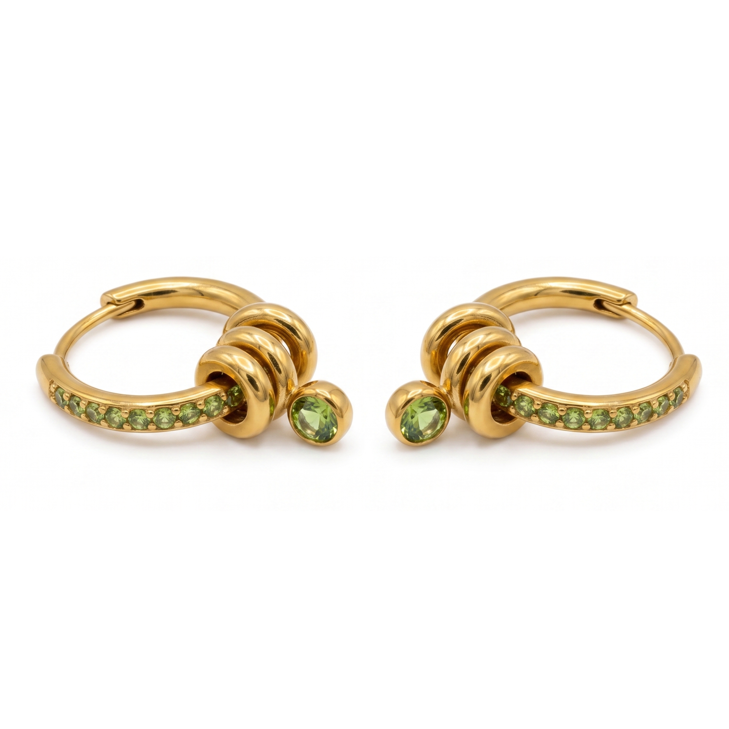 Peridot Green Crystal Huggie Hoop Earrings with Interlocking Dangle Charm