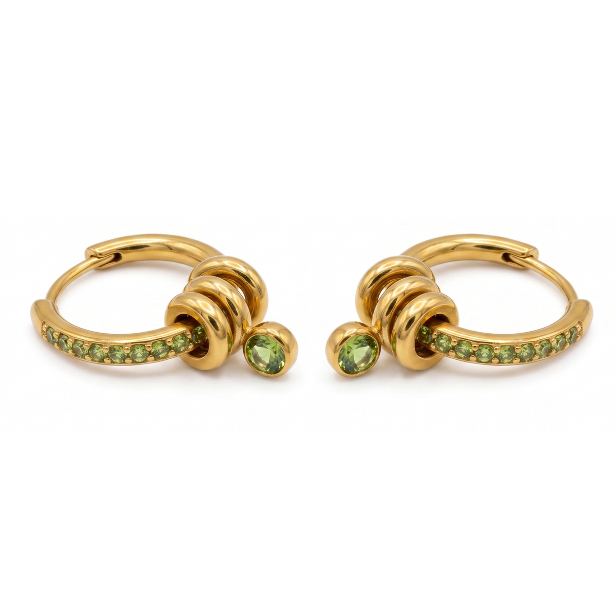 Peridot Green Crystal Huggie Hoop Earrings with Interlocking Dangle Charm