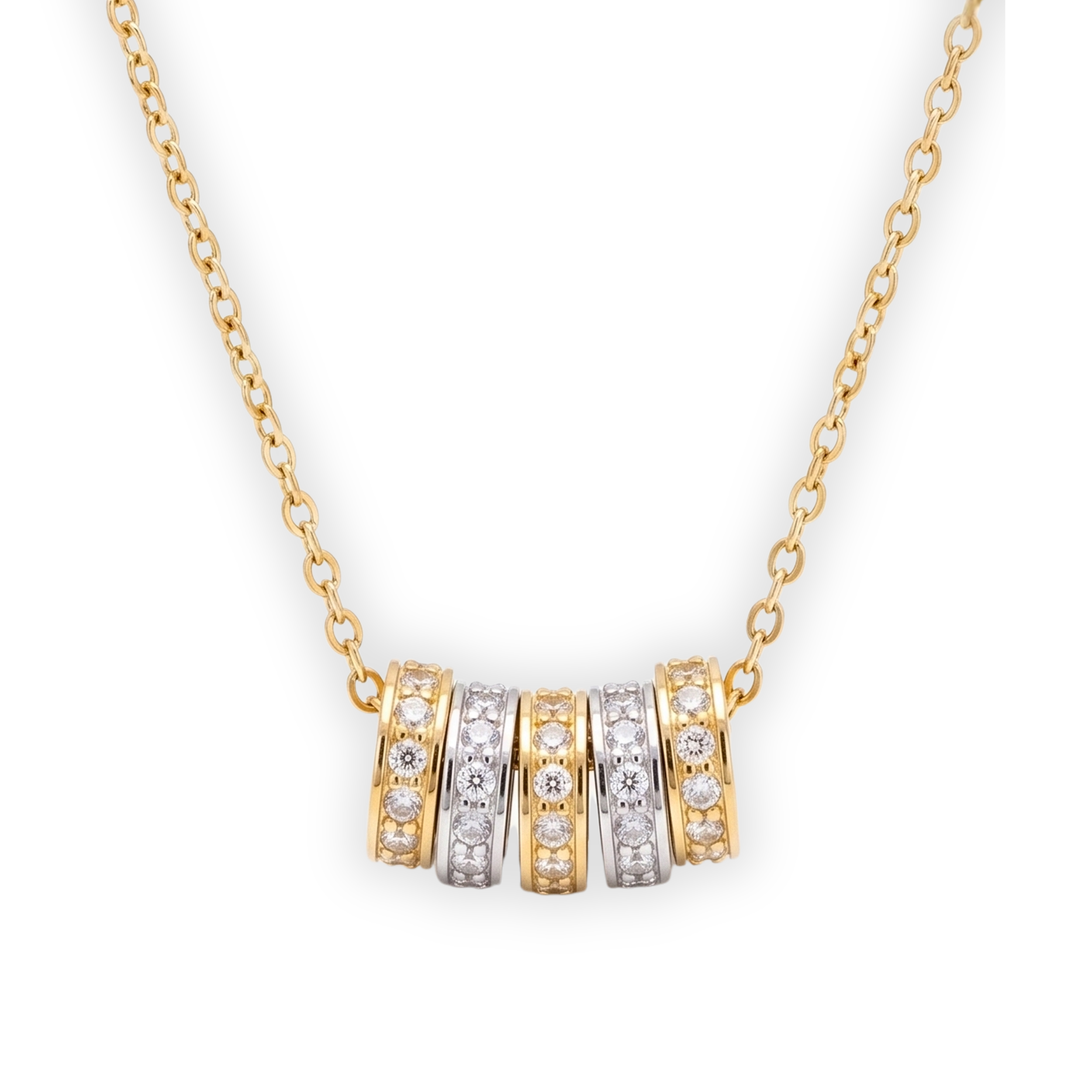 Two-Tone Mixed Metal 5-Ring Rondelle Charm Necklace with Pave Crystals