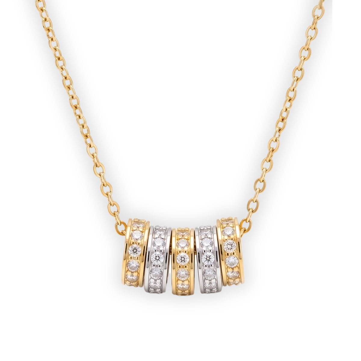 Two-Tone Mixed Metal 5-Ring Rondelle Charm Necklace with Pave Crystals