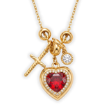 Gold Plated Ruby Red Heart Charm Pendant Necklace with Cross and Solitaire Accents