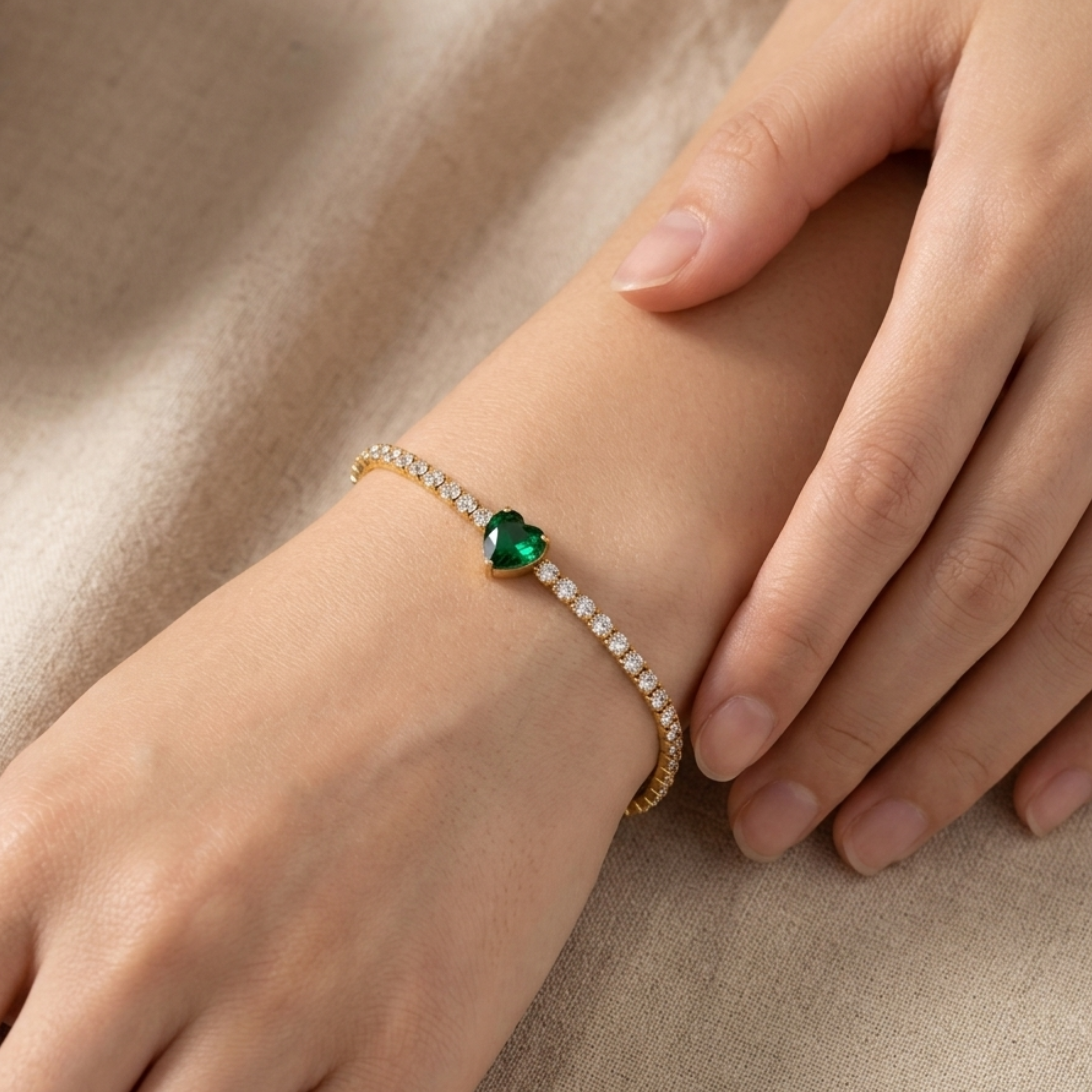 Gold-Plated Emerald Heart Centerpiece Tennis Bracelet