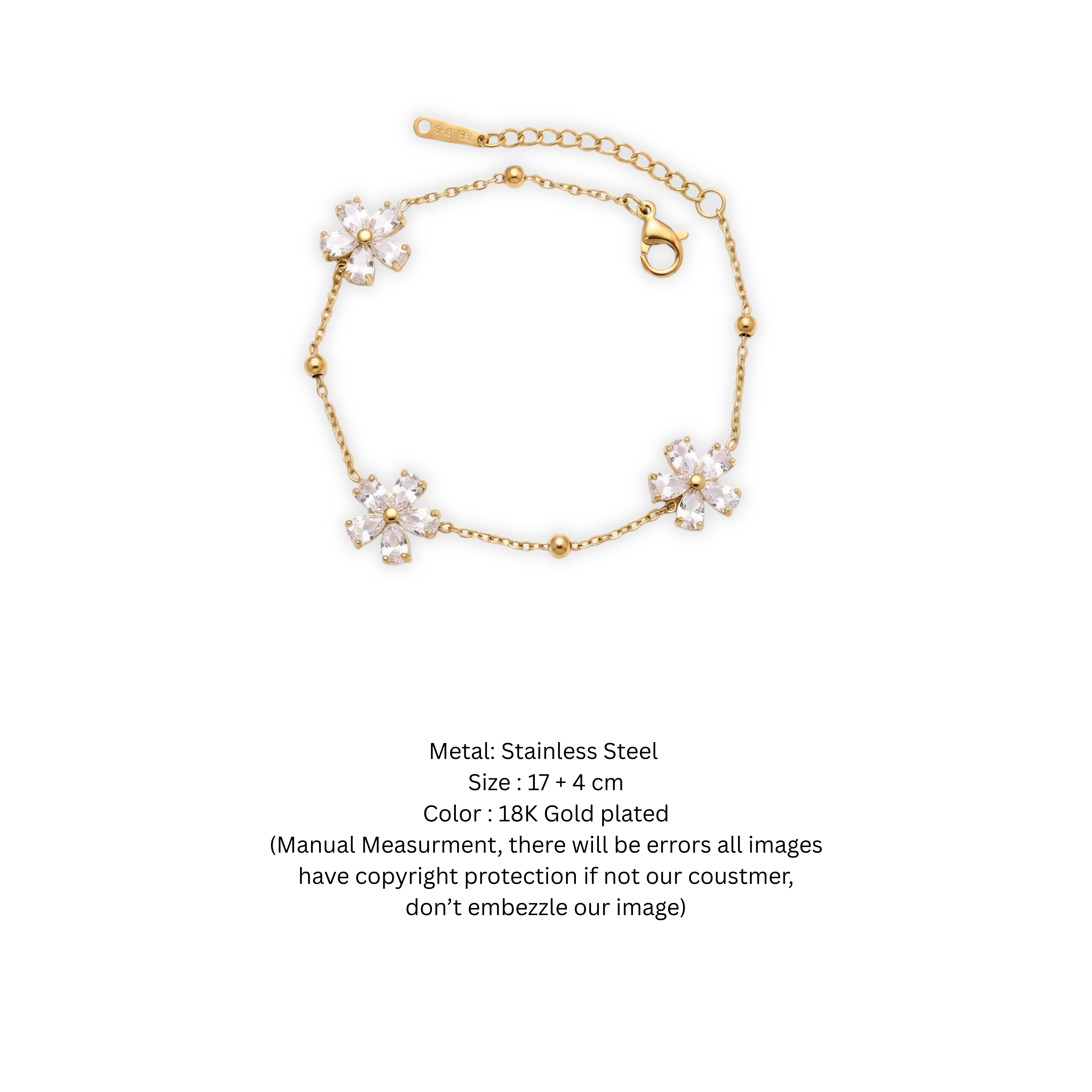 Dainty 18K Gold-Plated Crystal Petal Floral Chain Bracelet