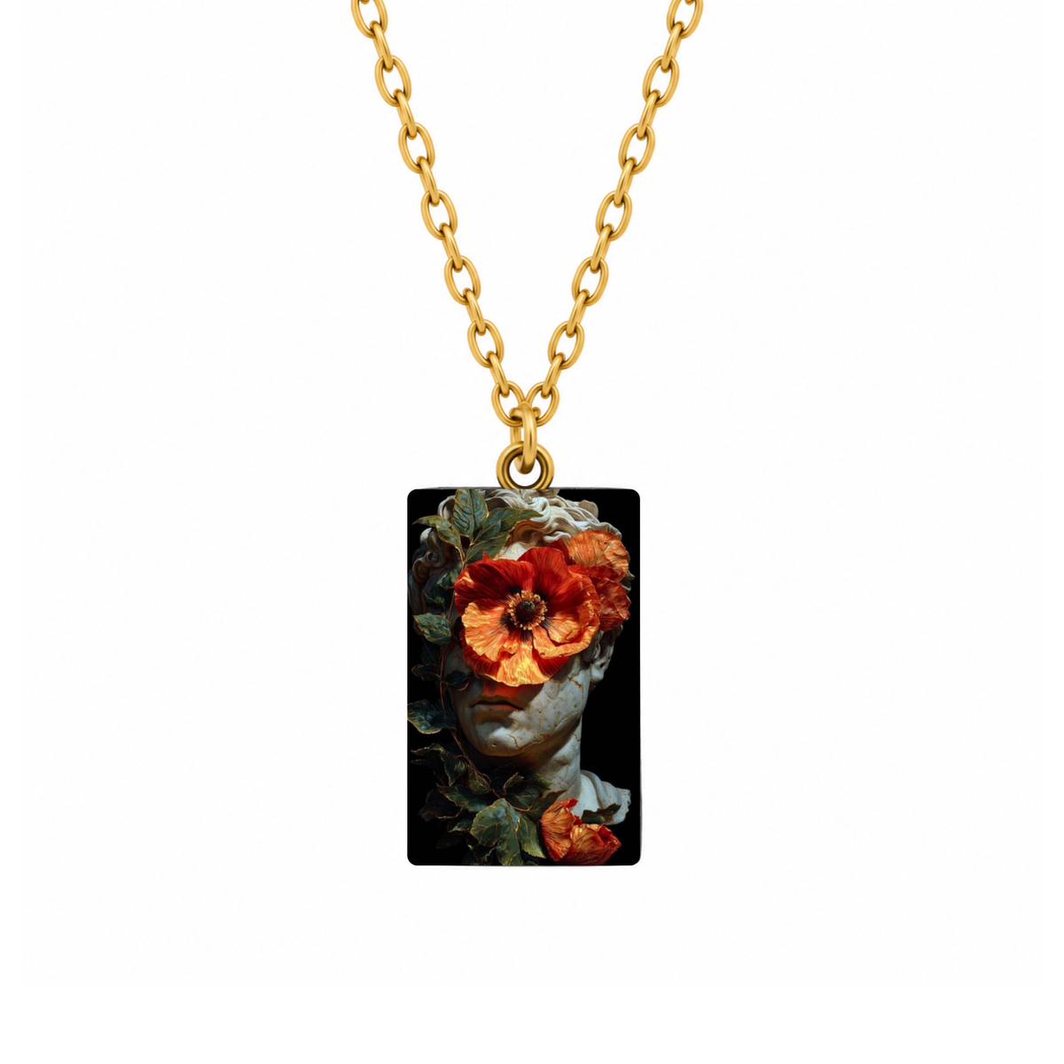 Classical Red Poppy Marble Bust Art Pendant Necklace