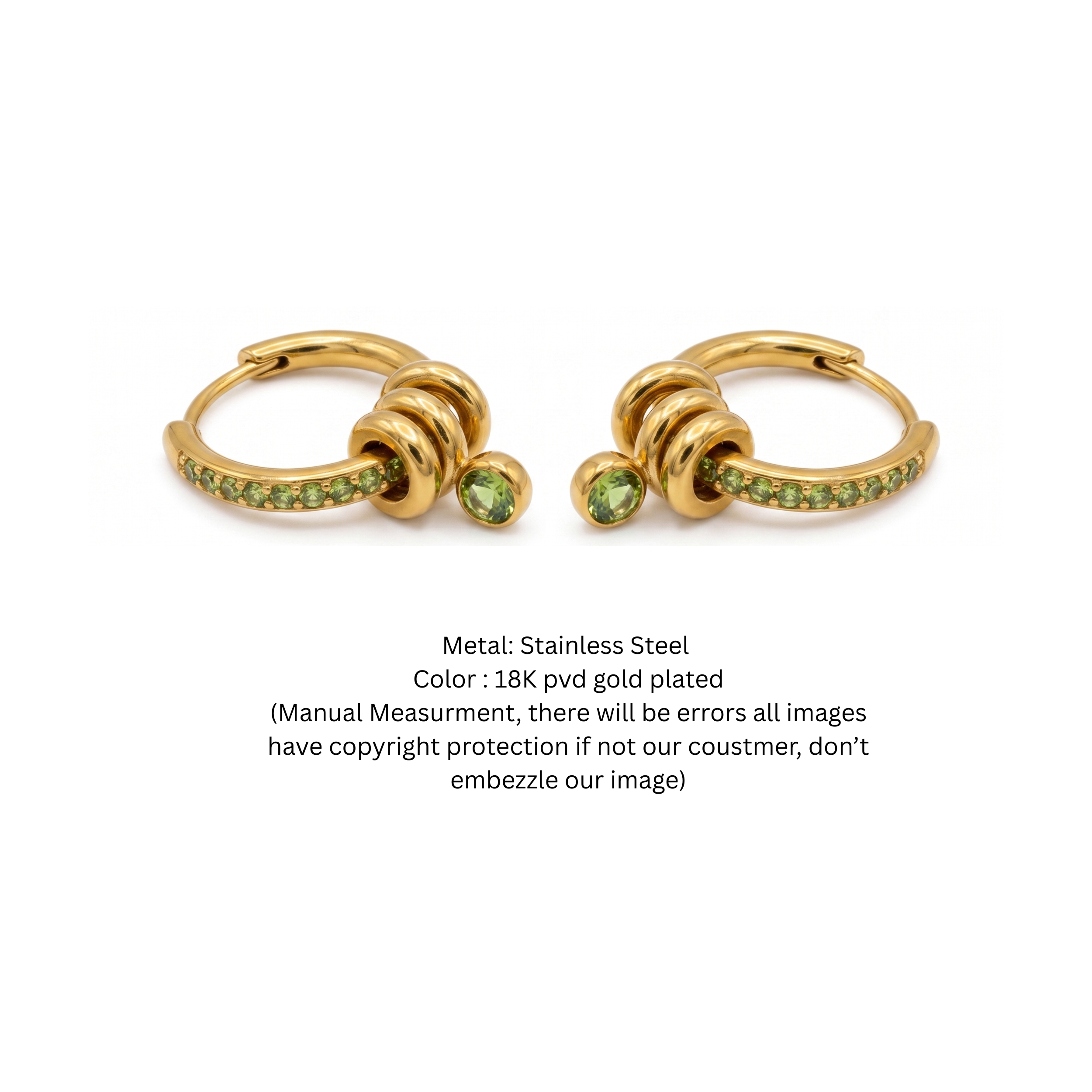Peridot Green Crystal Huggie Hoop Earrings with Interlocking Dangle Charm