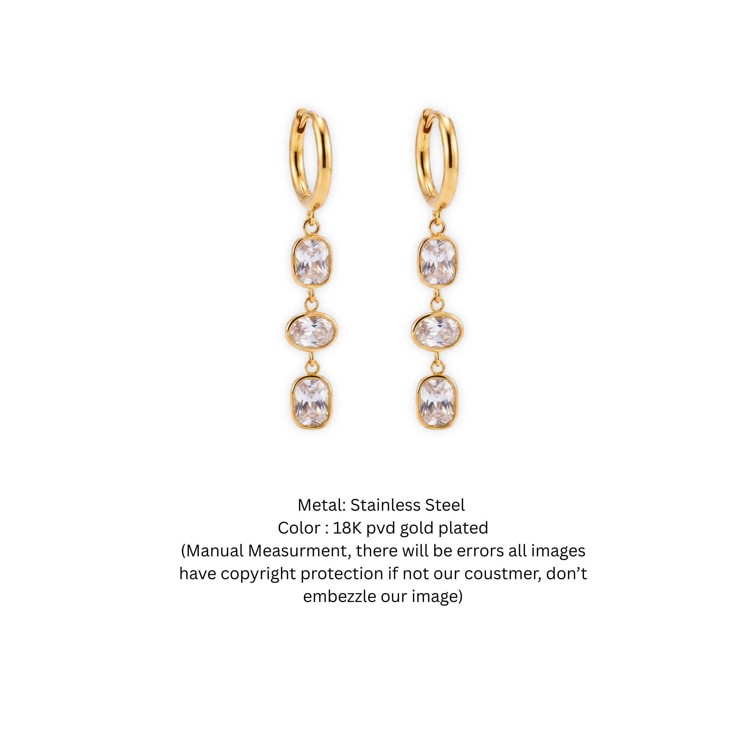 18K Gold-Plated Triple Stone Drop Hoop Earrings